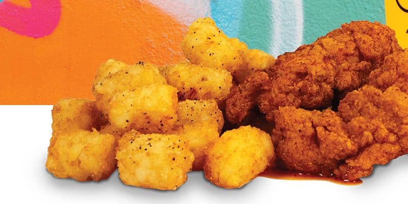 hot chicken tenders with seasoned tater tots