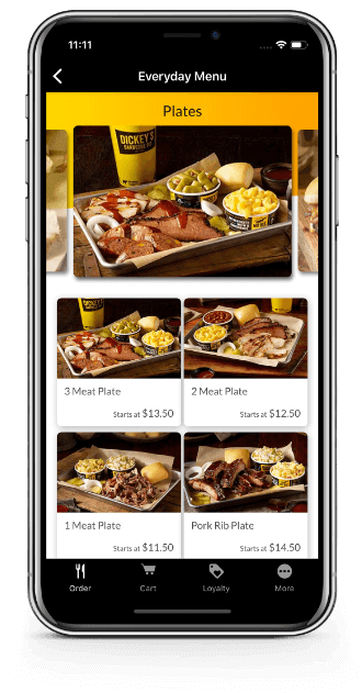 Mobile phone showing the Dickeys Barbecue mobile app for food ordering