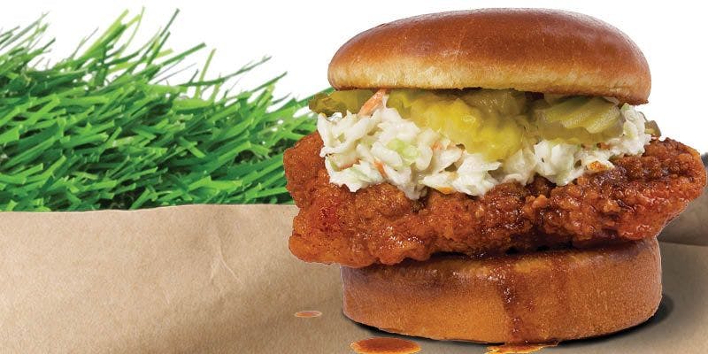 Nashville hot chicken sandwich topped with coleslaw and pickles