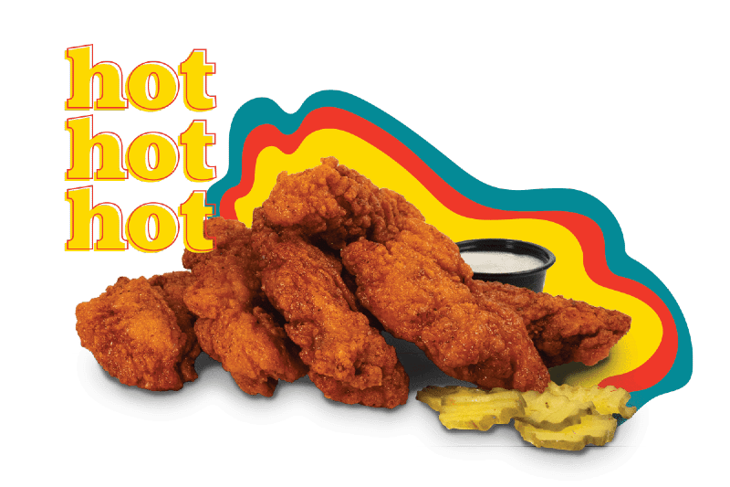 hot and spicy nashville-style chicken tenders with pickles and ranch dipping sauce